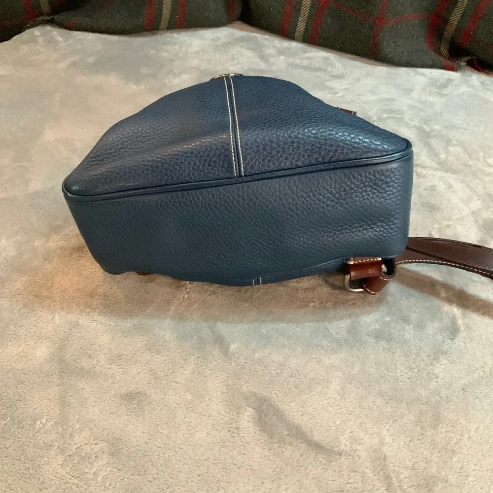 Dooney & Bourke Pebbled Leather Backpack Slate Blue Brown Trim Dome Bag